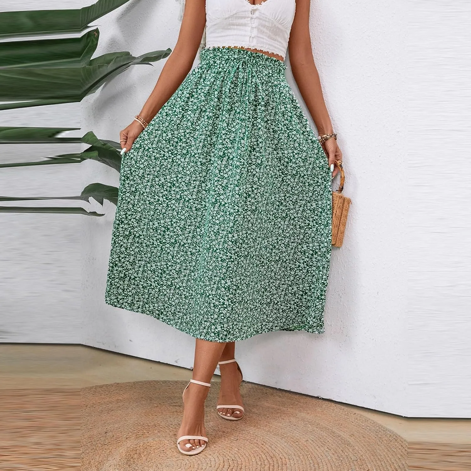 Women's Summer Boho Floral Maxi Skirt Casual High Waist Flowy Swing Tiered A Line Beach Long Skirts