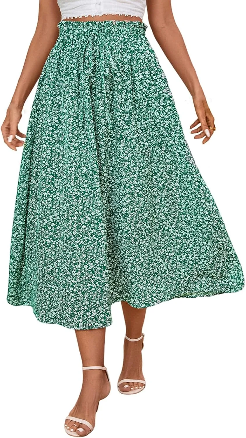 Women's Summer Boho Floral Maxi Skirt Casual High Waist Flowy Swing Tiered A Line Beach Long Skirts