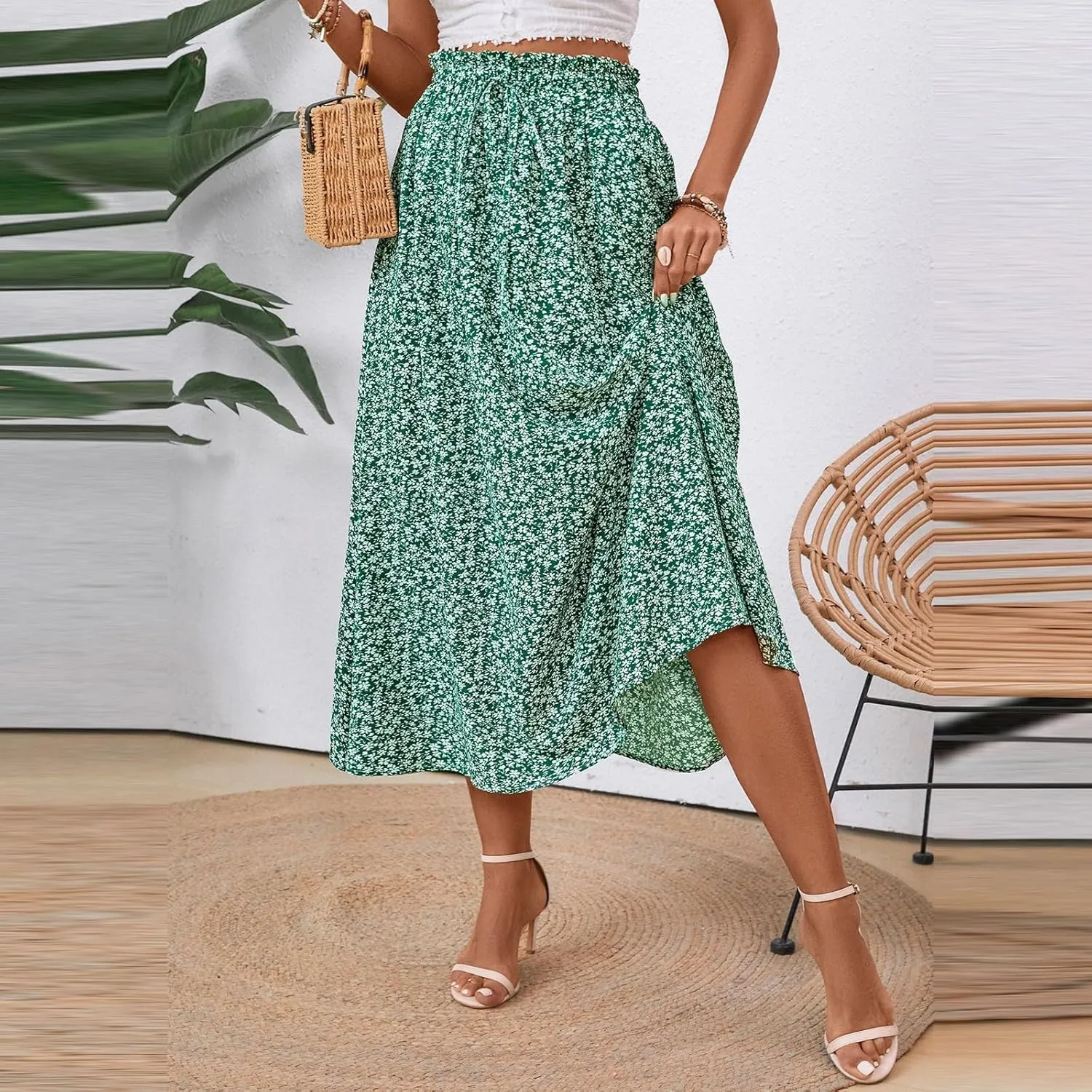 Women's Summer Boho Floral Maxi Skirt Casual High Waist Flowy Swing Tiered A Line Beach Long Skirts