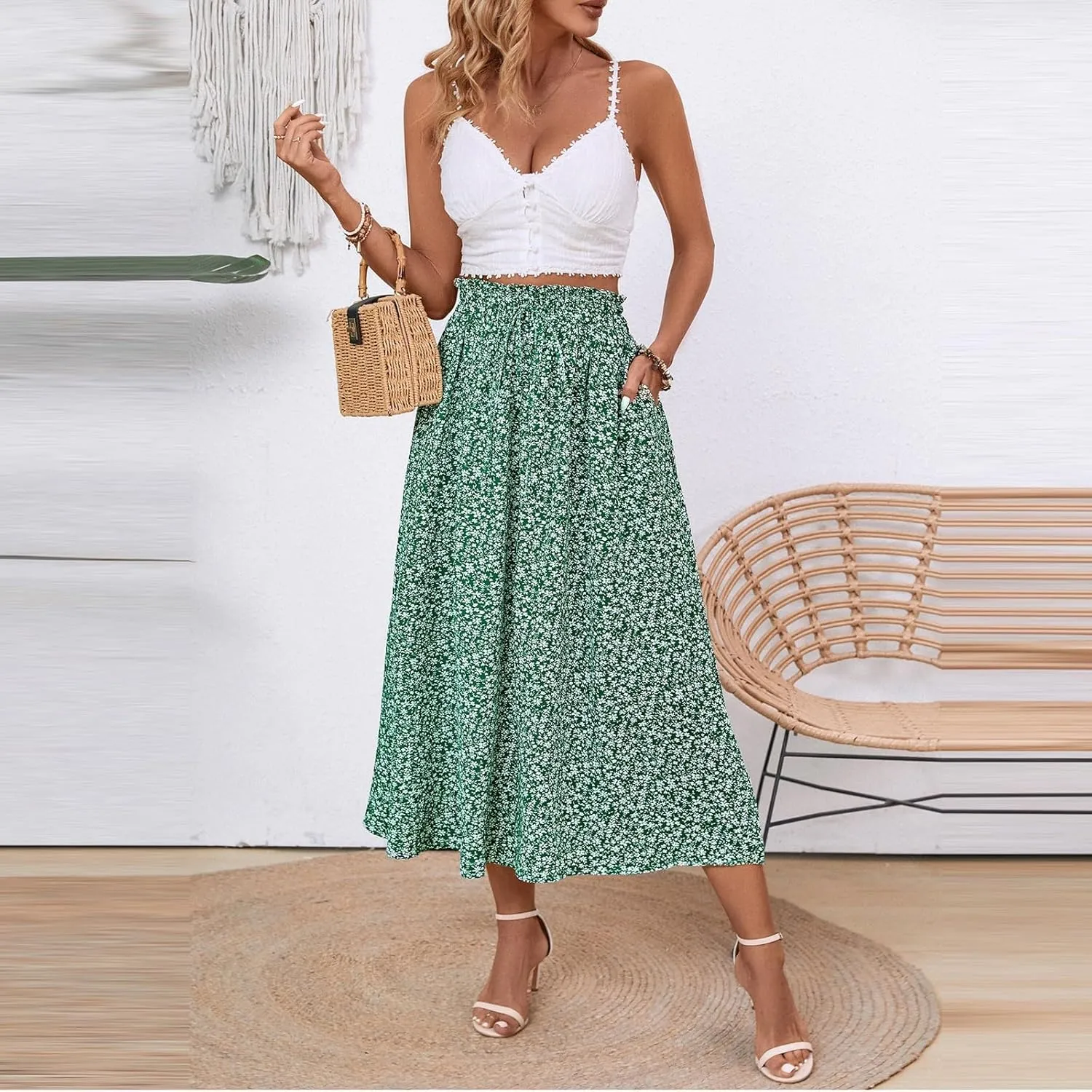 Women's Summer Boho Floral Maxi Skirt Casual High Waist Flowy Swing Tiered A Line Beach Long Skirts
