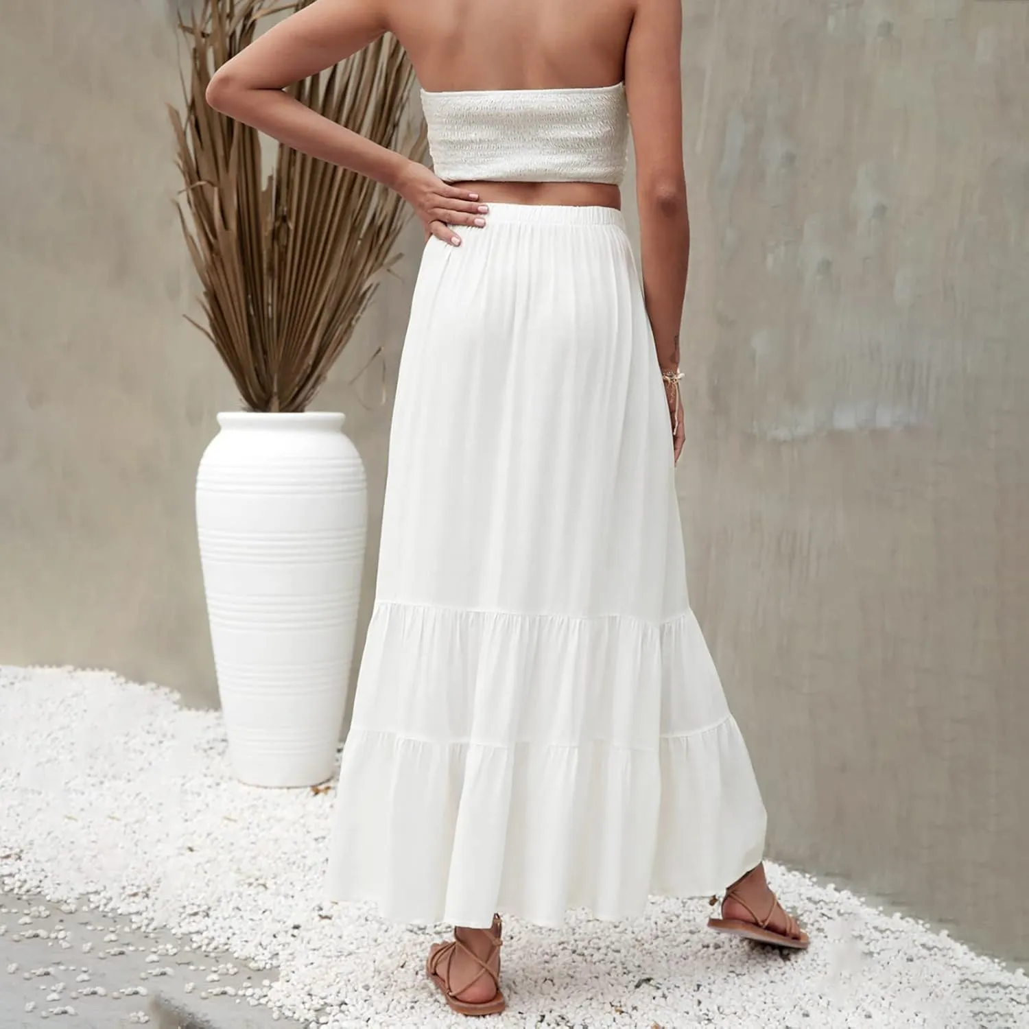 Womens Summer Boho Pleated A-Line Flowy Swing Tiered Beach Skirt 2024 Trendy Ruffle Maxi Skirt with Pockets