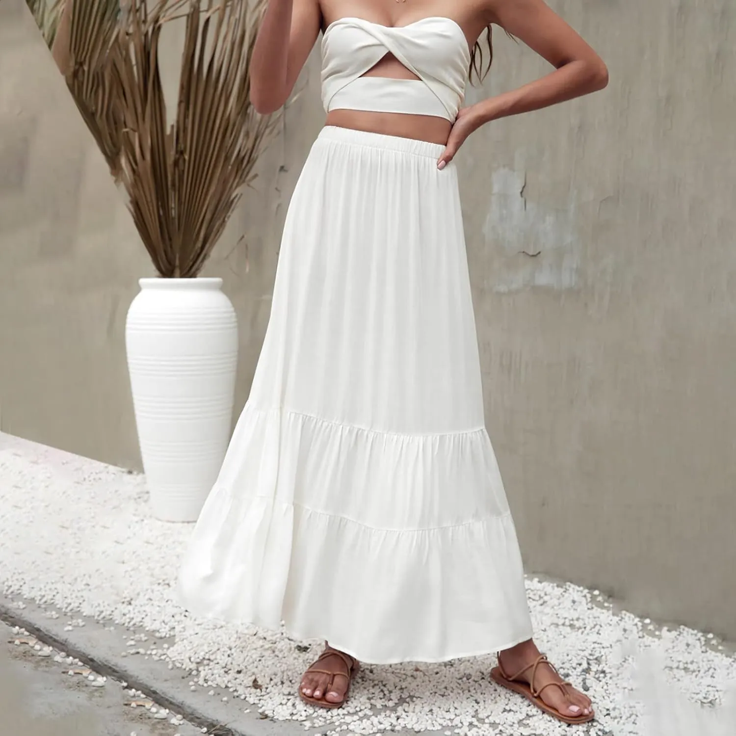 Womens Summer Boho Pleated A-Line Flowy Swing Tiered Beach Skirt 2024 Trendy Ruffle Maxi Skirt with Pockets