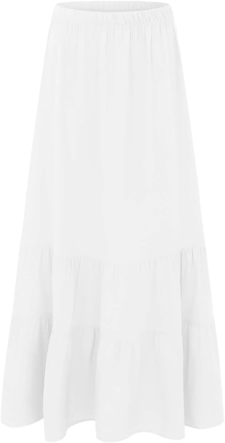 Womens Summer Boho Pleated A-Line Flowy Swing Tiered Beach Skirt 2024 Trendy Ruffle Maxi Skirt with Pockets