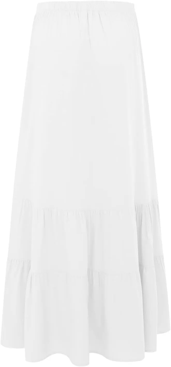 Womens Summer Boho Pleated A-Line Flowy Swing Tiered Beach Skirt 2024 Trendy Ruffle Maxi Skirt with Pockets