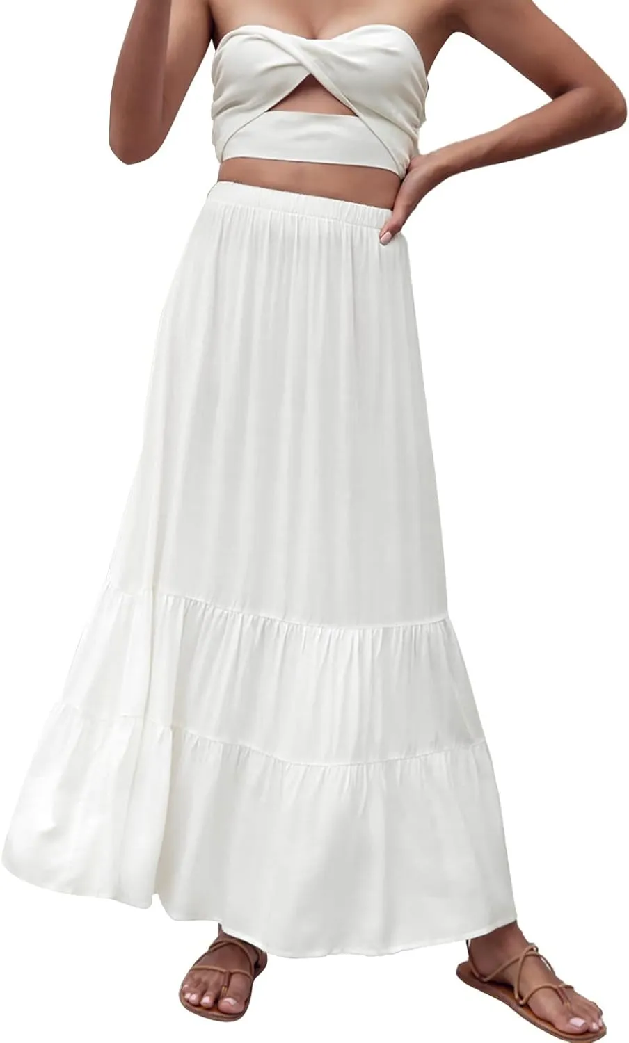 Womens Summer Boho Pleated A-Line Flowy Swing Tiered Beach Skirt 2024 Trendy Ruffle Maxi Skirt with Pockets