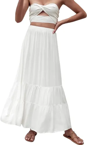 Womens Summer Boho Pleated A-Line Flowy Swing Tiered Beach Skirt 2024 Trendy Ruffle Maxi Skirt with Pockets