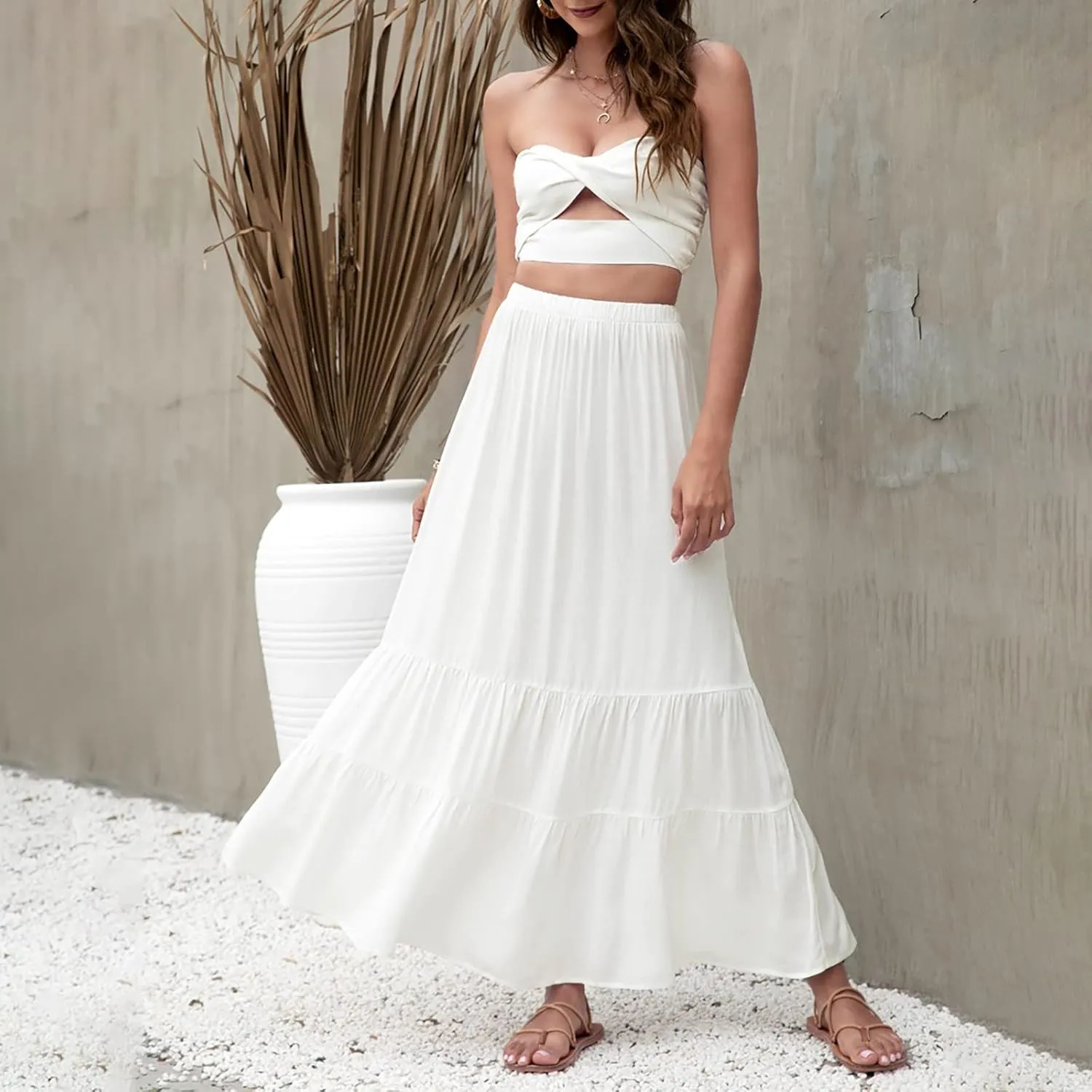 Womens Summer Boho Pleated A-Line Flowy Swing Tiered Beach Skirt 2024 Trendy Ruffle Maxi Skirt with Pockets