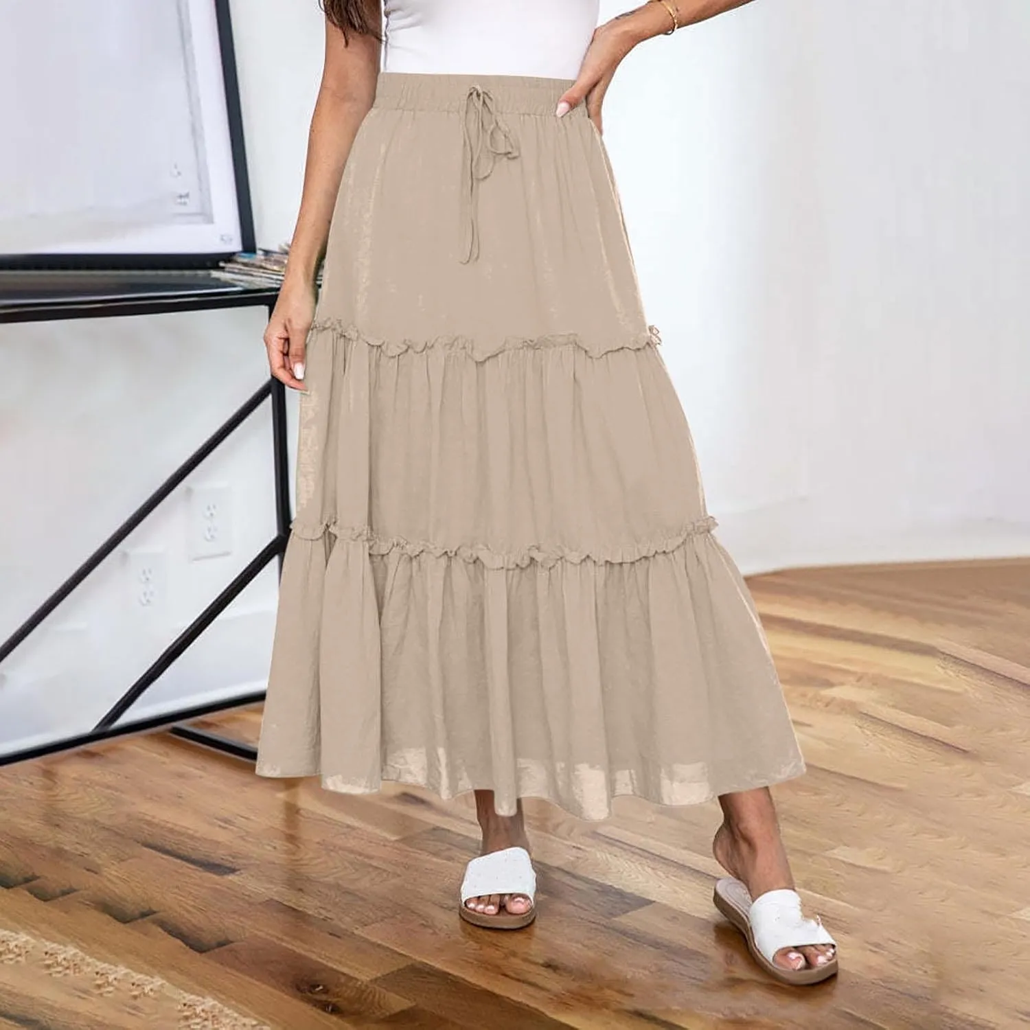 Women's Summer Casual Skirts Elastic High Waist A Line Skirt Flowy Layered Long Skirts Pencil Skirt Travel Outfit