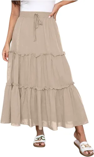 Women's Summer Casual Skirts Elastic High Waist A Line Skirt Flowy Layered Long Skirts Pencil Skirt Travel Outfit