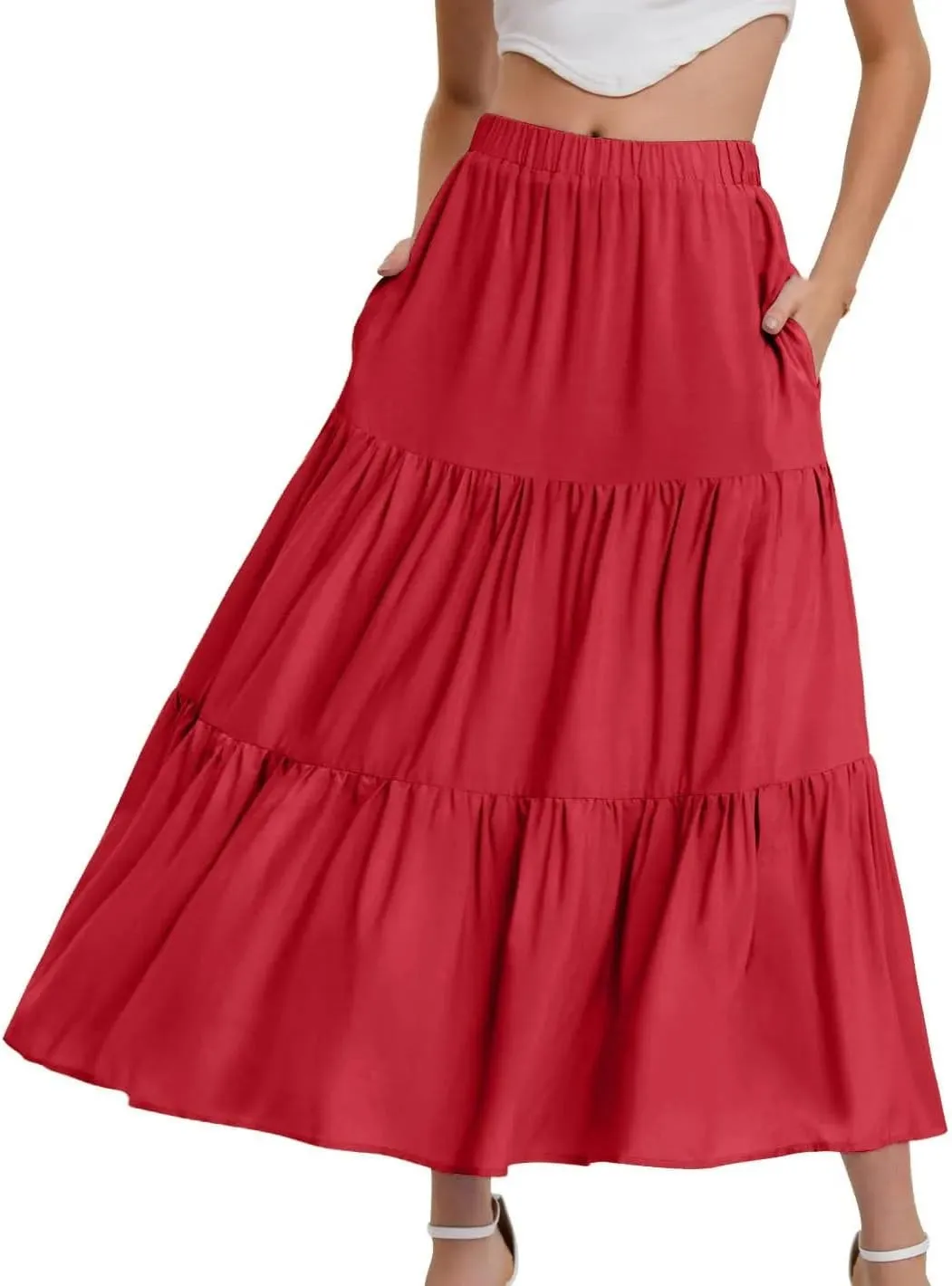 Women's Summer Elastic Waist Puffy Skirts Ruffles Hem Multi Layers Tulle A Line Skirt