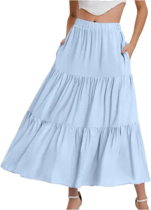 Women's Summer Elastic Waist Puffy Skirts Ruffles Hem Multi Layers Tulle A Line Skirt