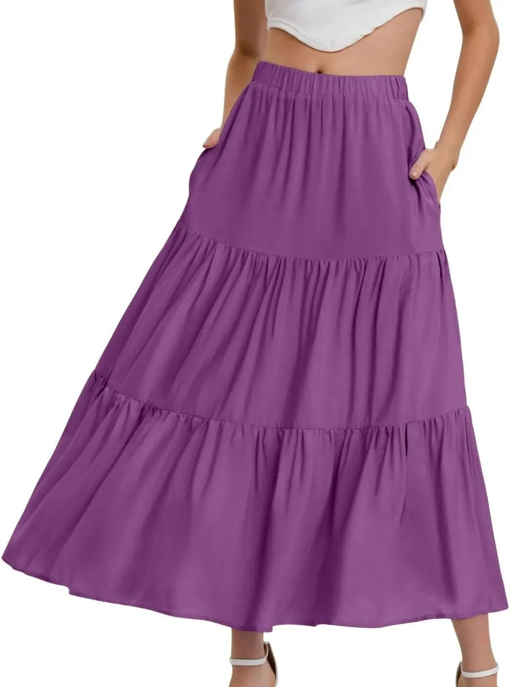 Women's Summer Elastic Waist Puffy Skirts Ruffles Hem Multi Layers Tulle A Line Skirt