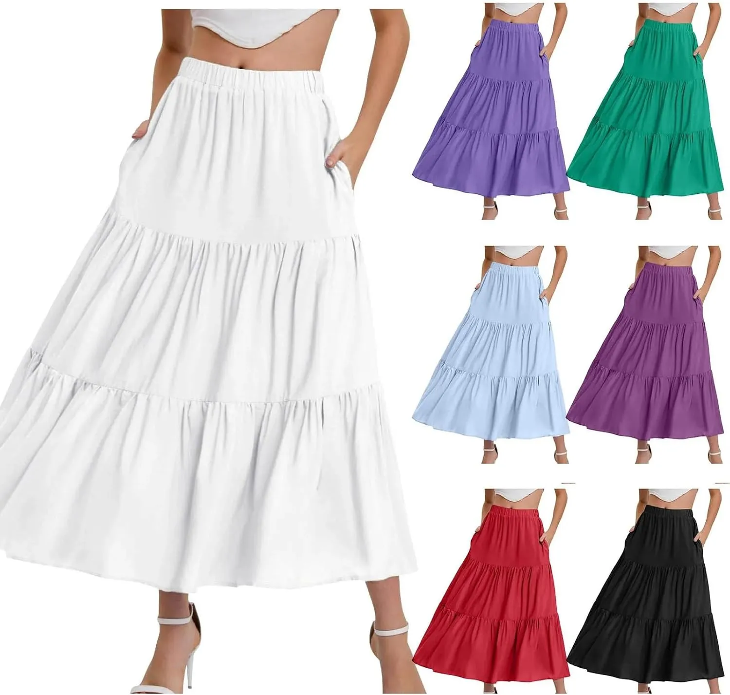 Women's Summer Elastic Waist Puffy Skirts Ruffles Hem Multi Layers Tulle A Line Skirt