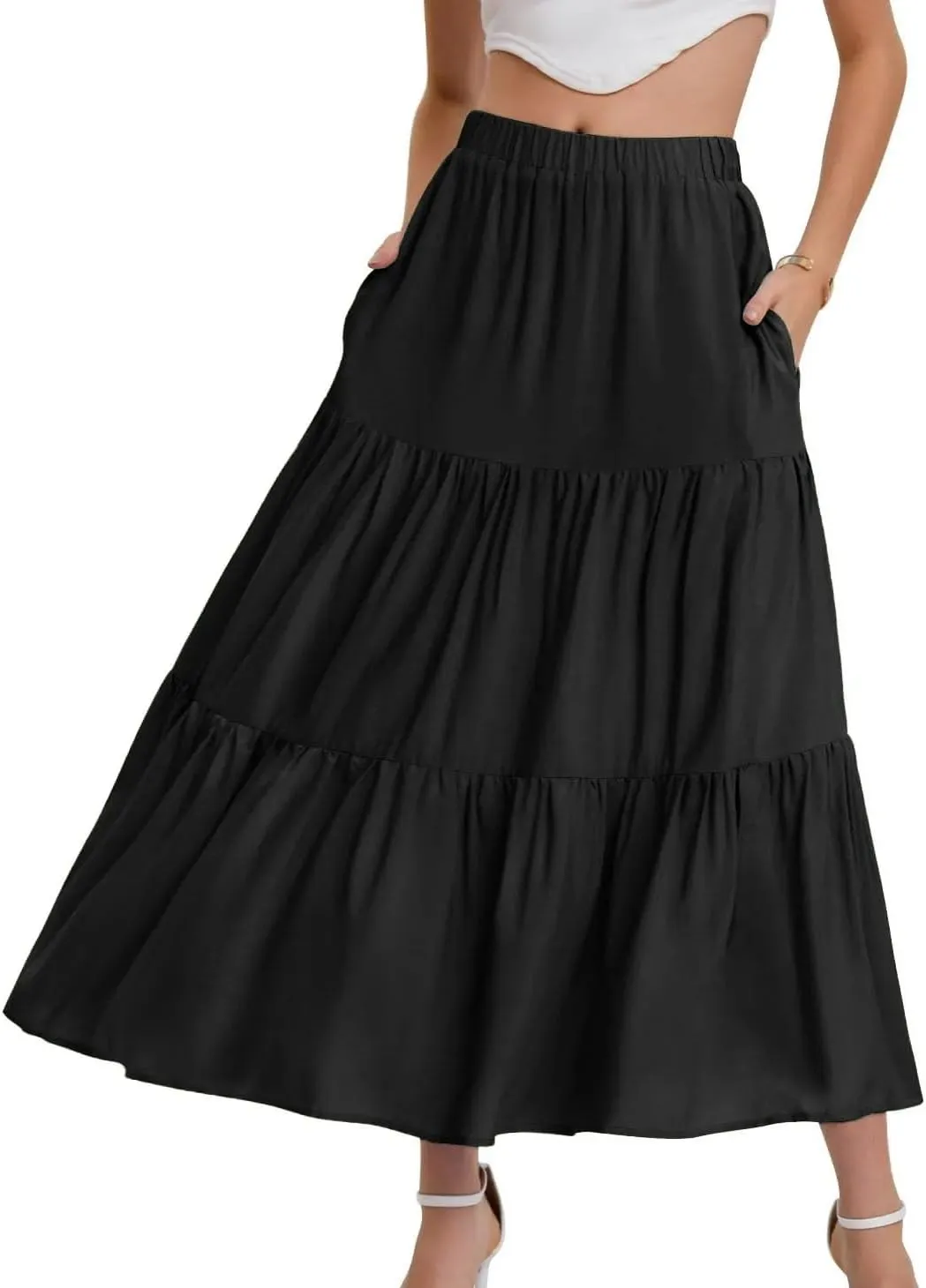 Women's Summer Elastic Waist Puffy Skirts Ruffles Hem Multi Layers Tulle A Line Skirt