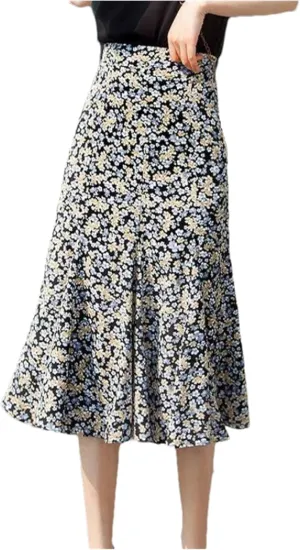 Women's Summer Floral Half-Length Skirt High Waist Slim Versatile A-Line Skirt