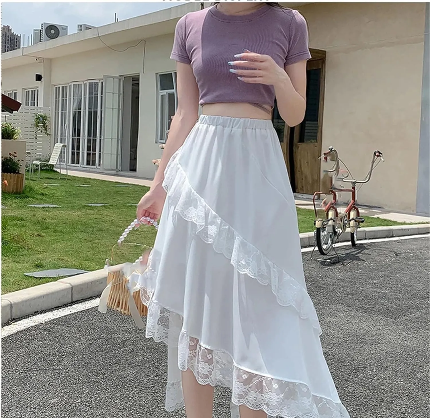 Women's Summer Irregular Lace A-LINE Skirt Korean Ruffles Elastic Waist Mid-Calf Skirts