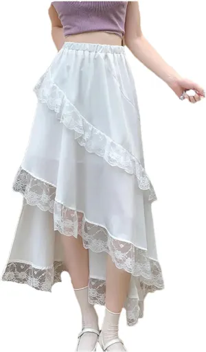 Women's Summer Irregular Lace A-LINE Skirt Korean Ruffles Elastic Waist Mid-Calf Skirts
