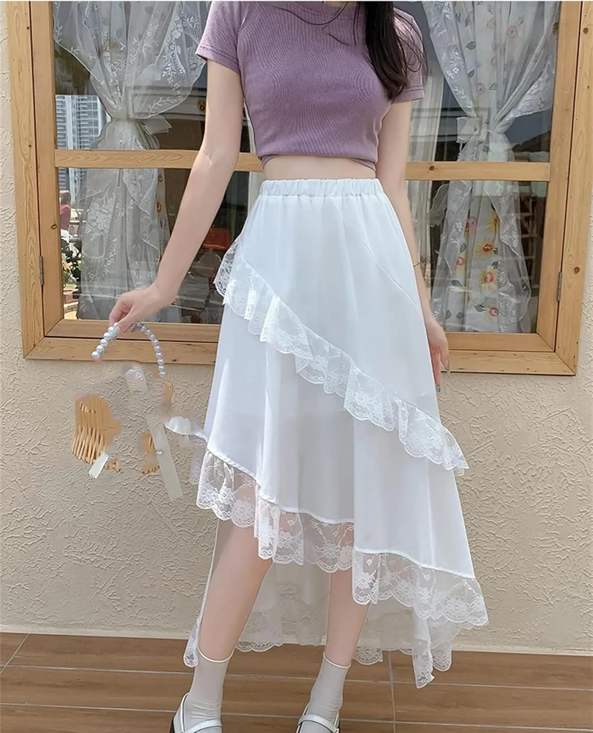 Women's Summer Irregular Lace A-LINE Skirt Korean Ruffles Elastic Waist Mid-Calf Skirts