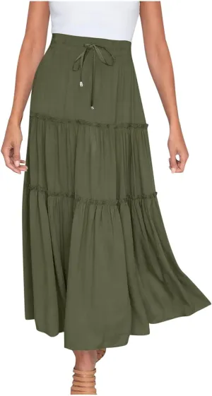 Women's Summer Skirt 2024 Boho Elastic High Waist Drawstring A Line Ruched Ruffle Swing Tiered Beach Casual Long Skirt