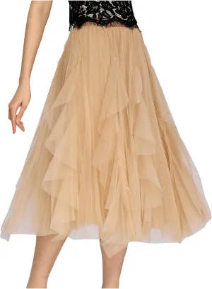 Women's Sweet Elastic Waist Tulle Skirt Asymmetrical Layered Ruffles Mesh Midi Tiered Skirt Prom Party Dance Skirts