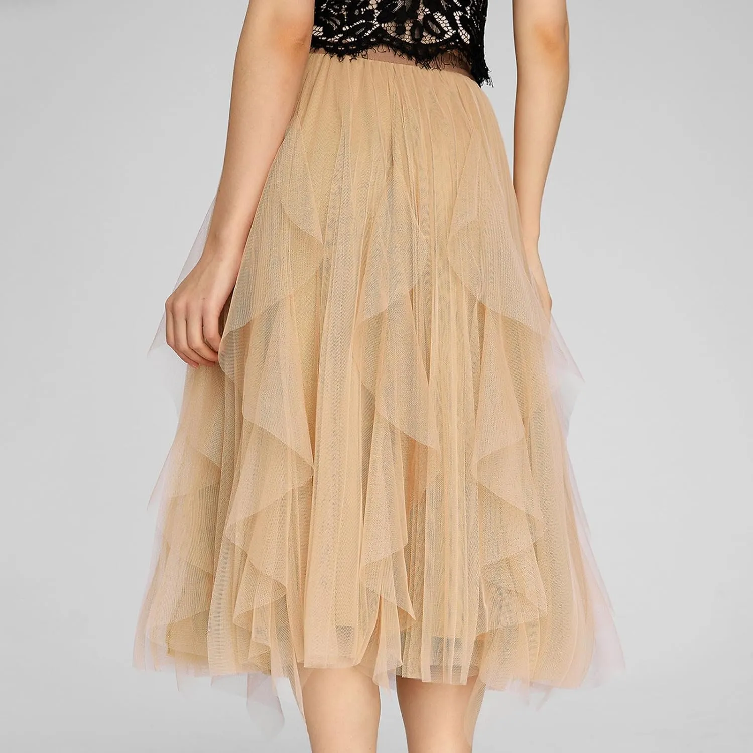 Women's Sweet Elastic Waist Tulle Skirt Asymmetrical Layered Ruffles Mesh Midi Tiered Skirt Prom Party Dance Skirts