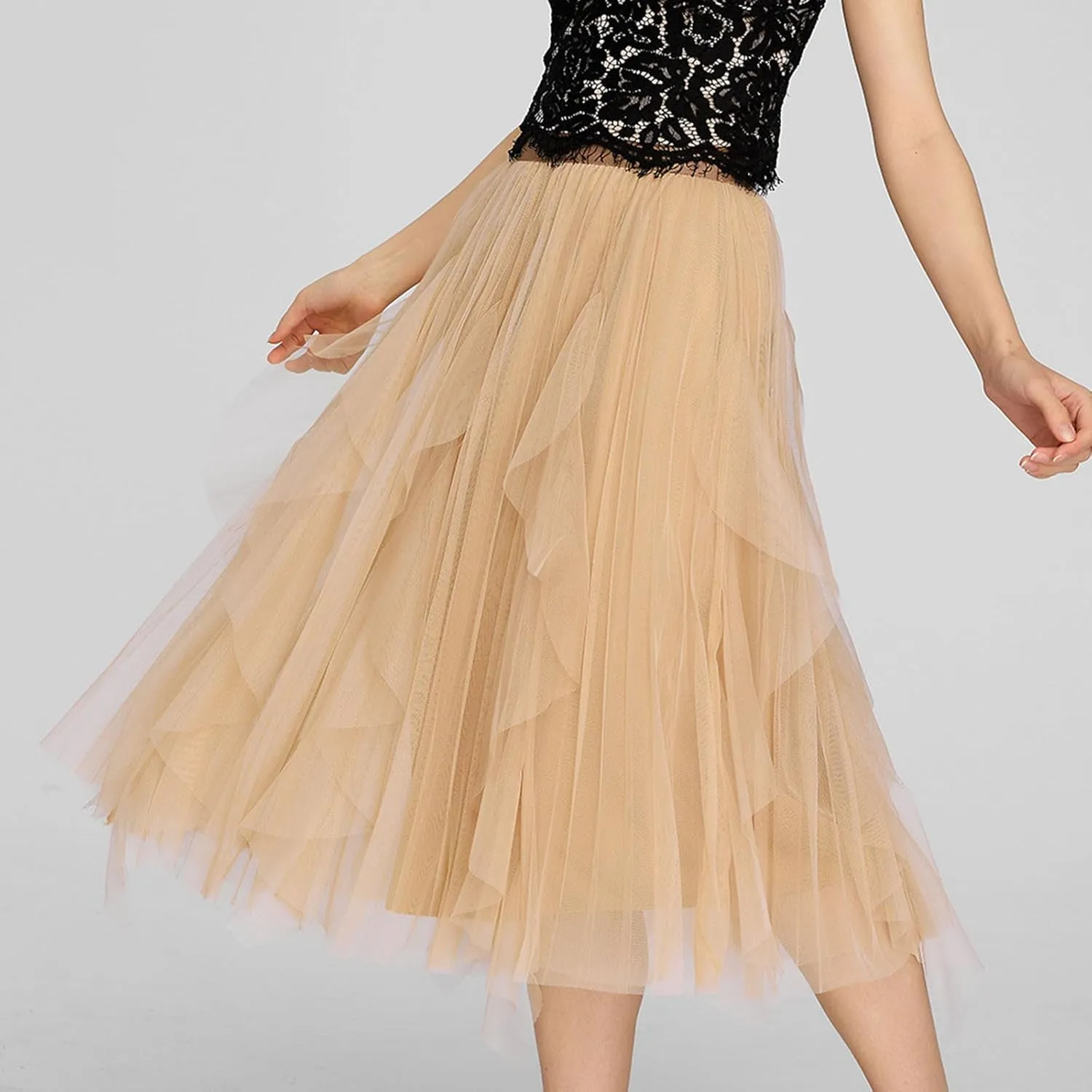 Women's Sweet Elastic Waist Tulle Skirt Asymmetrical Layered Ruffles Mesh Midi Tiered Skirt Prom Party Dance Skirts
