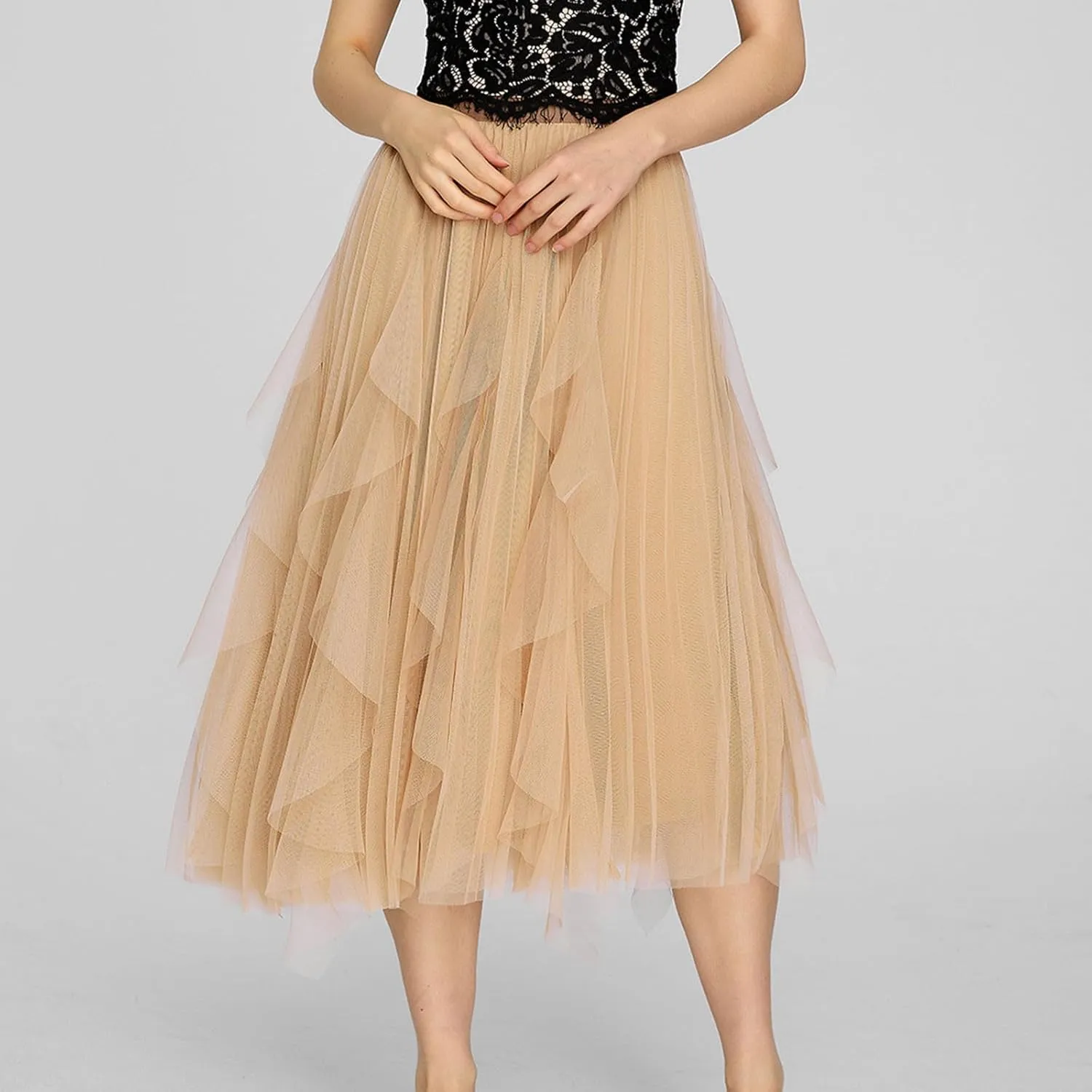 Women's Sweet Elastic Waist Tulle Skirt Asymmetrical Layered Ruffles Mesh Midi Tiered Skirt Prom Party Dance Skirts