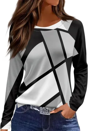 Women's Tops Long Sleeve Spring Shirts 2025 Trendy Loose Fit Crew Neck Floral Print Dressy Blouses
