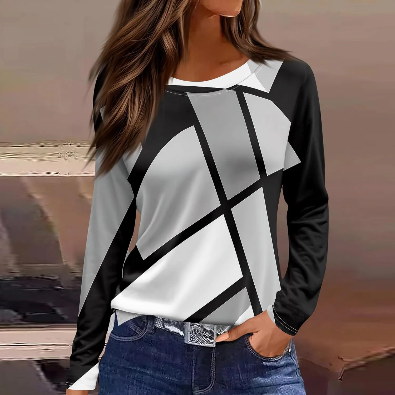 Women's Tops Long Sleeve Spring Shirts 2025 Trendy Loose Fit Crew Neck Floral Print Dressy Blouses