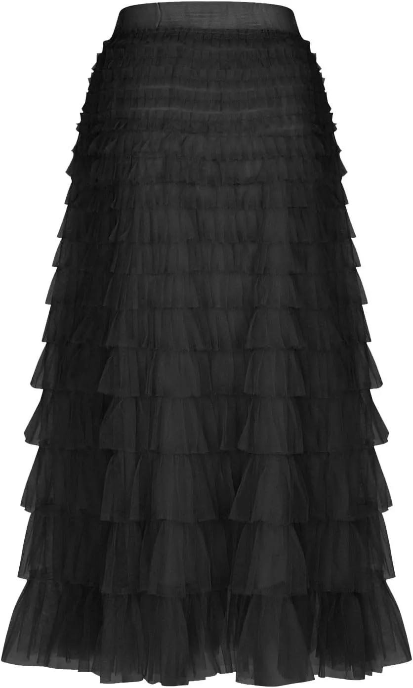 Women's Trendy Fairy Tulle Long Skirt Elastic High Waist A-Line Ruffle Tiered Layered Mesh Puffy Swing Maxi Skirts
