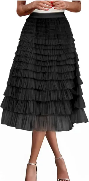 Women's Trendy Fairy Tulle Long Skirt Elastic High Waist A-Line Ruffle Tiered Layered Mesh Puffy Swing Maxi Skirts