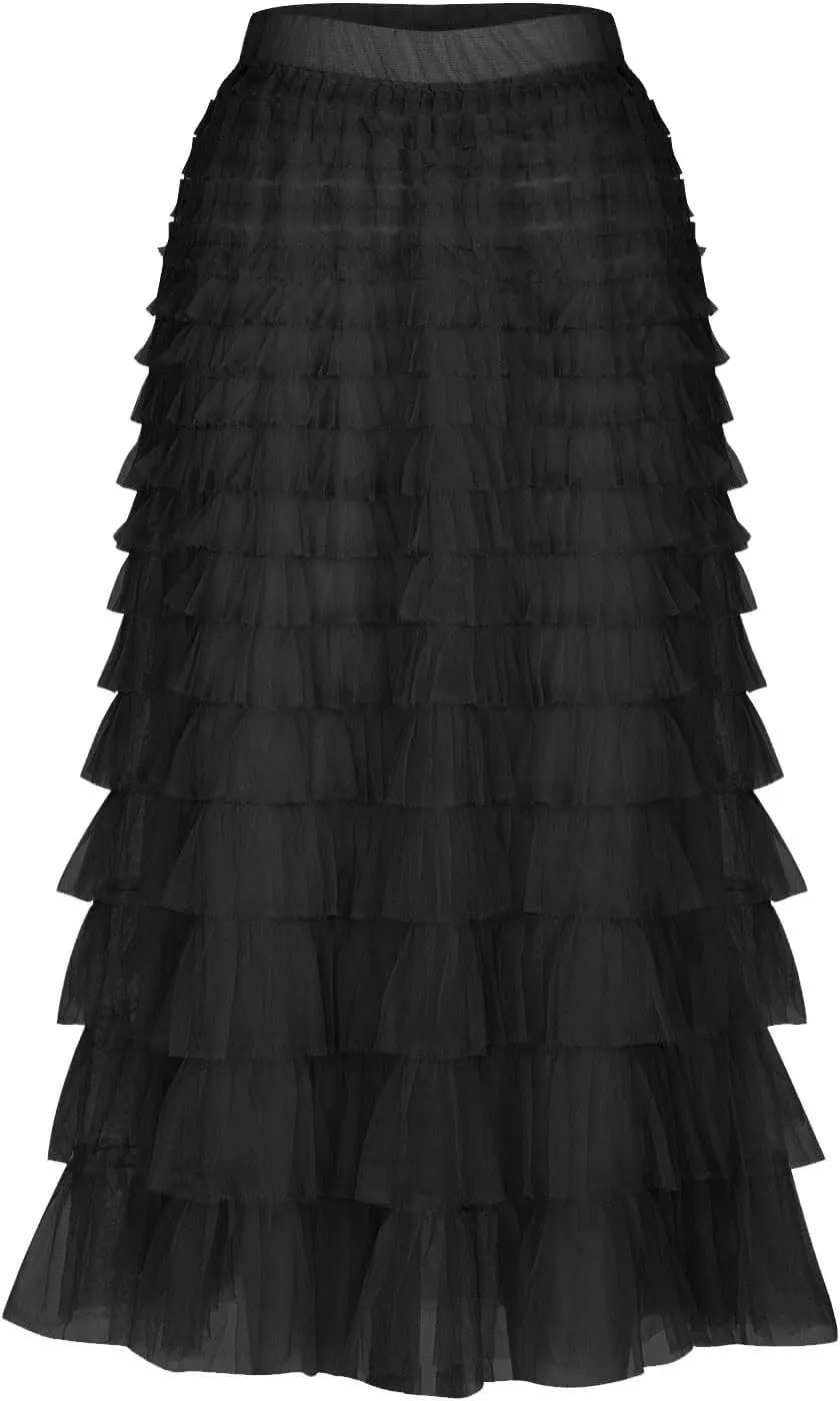 Women's Trendy Fairy Tulle Long Skirt Elastic High Waist A-Line Ruffle Tiered Layered Mesh Puffy Swing Maxi Skirts