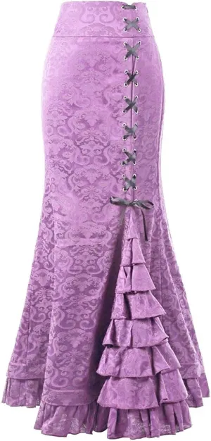 Womens Victorian Skirts Vintage High Waist Side Lace-Up Steampunk Gothic Skirt Tiered Ruffle Mermaid Maxi Pencil Skirt