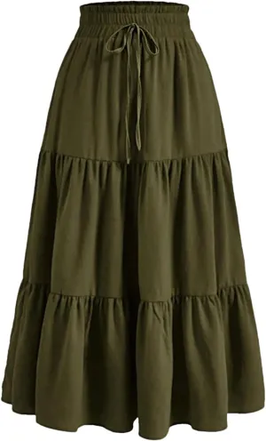 Women's Vintage Floral Print A Line Skirt Elastic High Waist Pleated Long Skirts