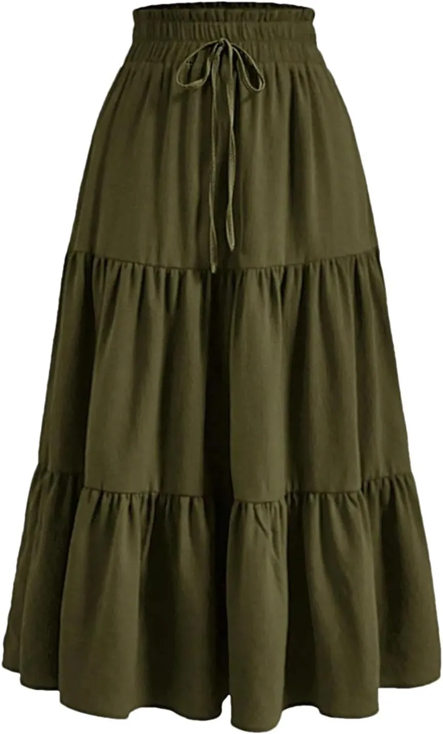 Women's Vintage Floral Print A Line Skirt Elastic High Waist Pleated Long Skirts