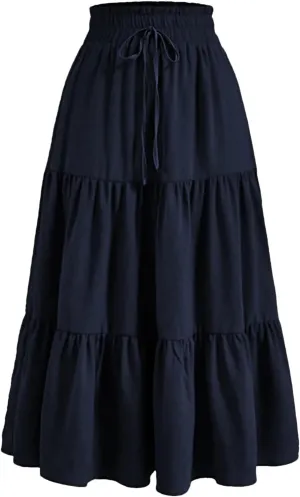 Women's Vintage Floral Print A Line Skirt Elastic High Waist Pleated Long Skirts