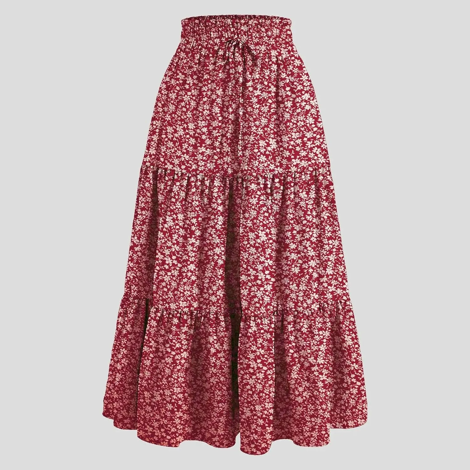 Women's Vintage Floral Print A Line Skirt Elastic High Waist Pleated Long Skirts