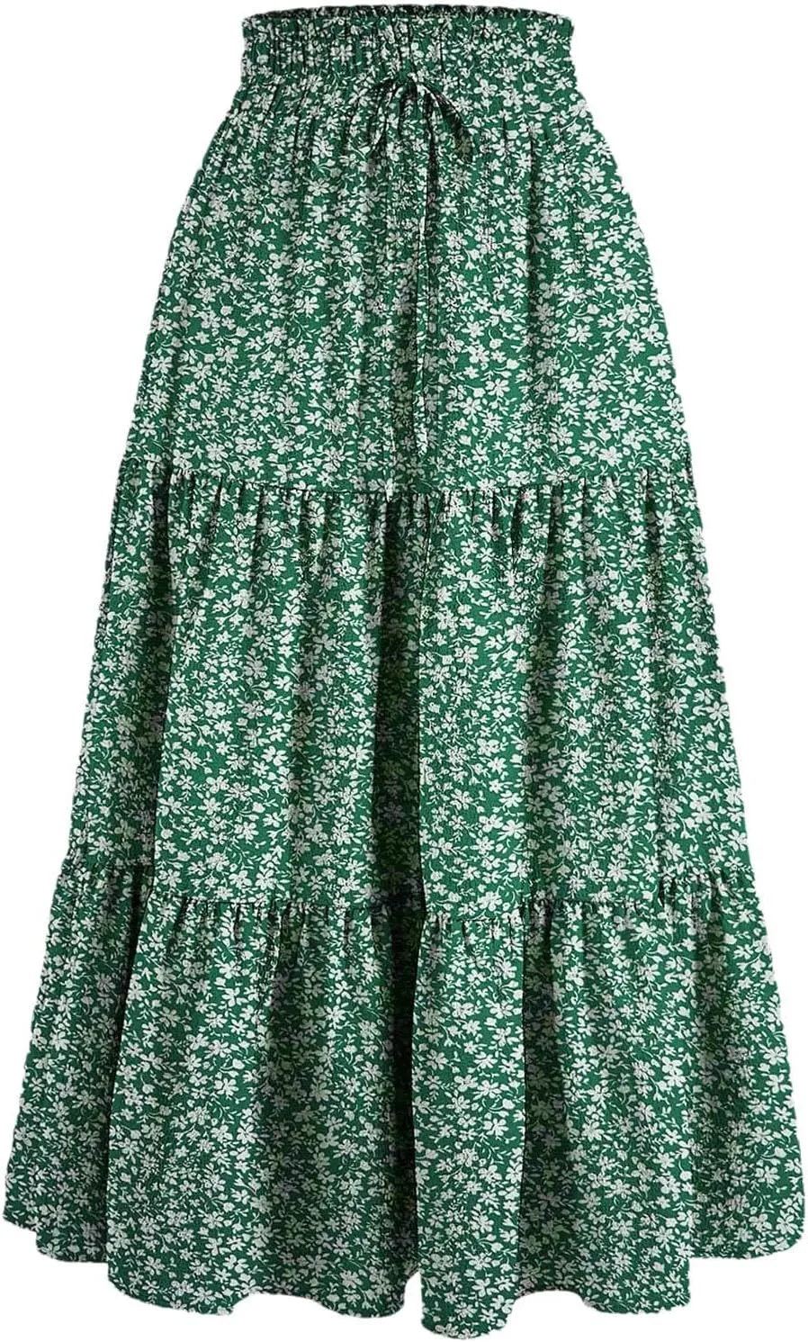 Women's Vintage Floral Print A Line Skirt Elastic High Waist Pleated Long Skirts