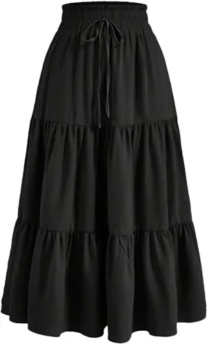 Women's Vintage Floral Print A Line Skirt Elastic High Waist Pleated Long Skirts