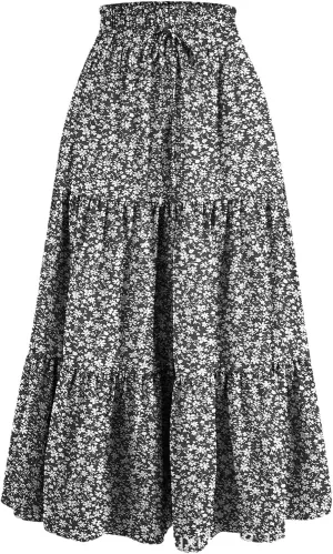 Women's Vintage Floral Print A Line Skirt Elastic High Waist Pleated Long Skirts