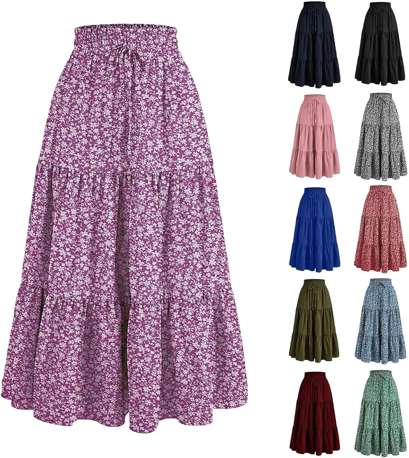Women's Vintage Floral Print A Line Skirt Elastic High Waist Pleated Long Skirts