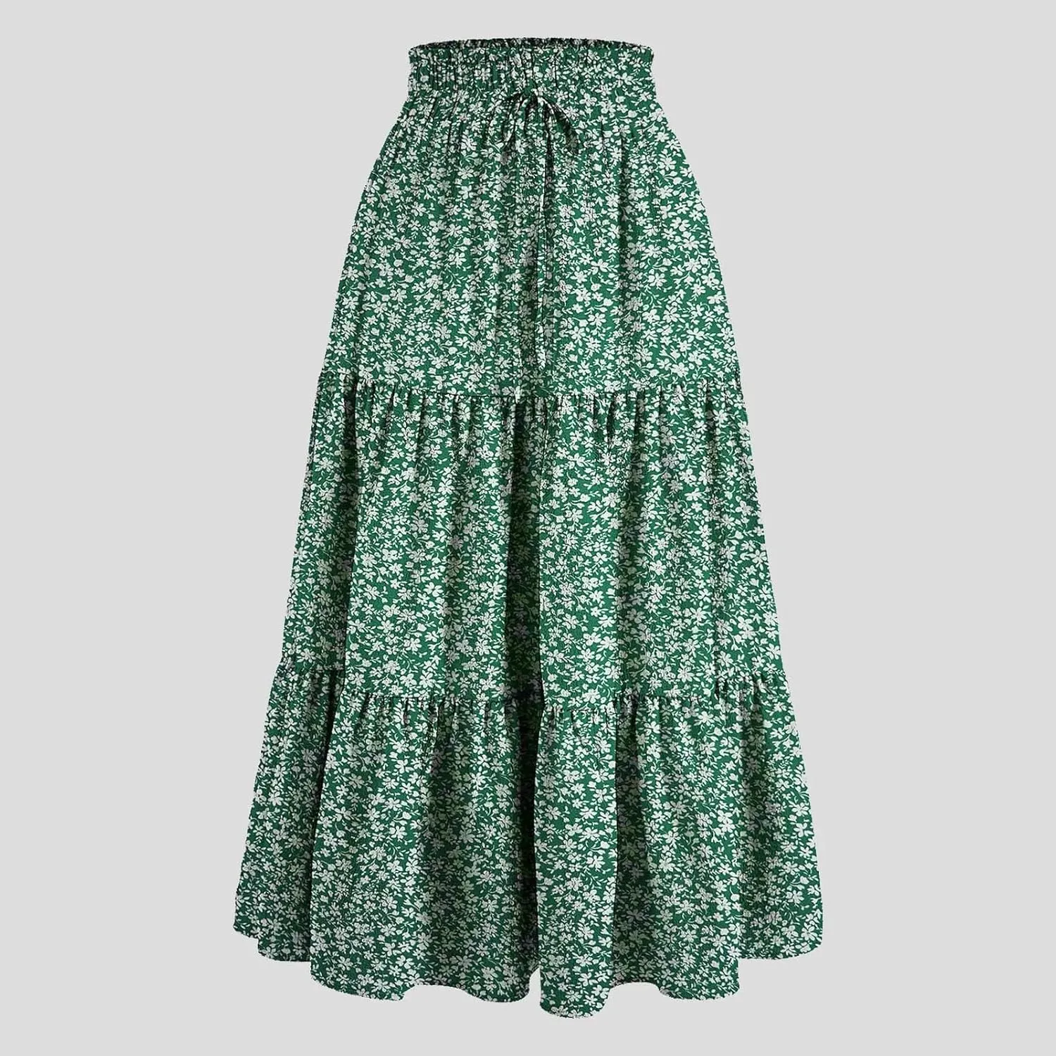 Women's Vintage Floral Print A Line Skirt Elastic High Waist Pleated Long Skirts