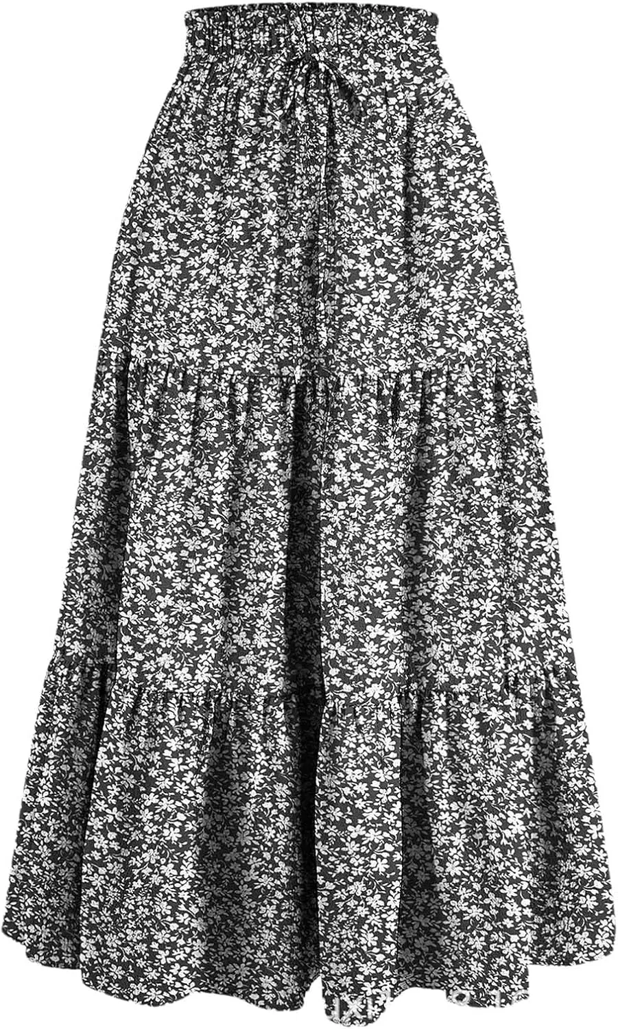 Women's Vintage Floral Print A Line Skirt Elastic High Waist Pleated Long Skirts