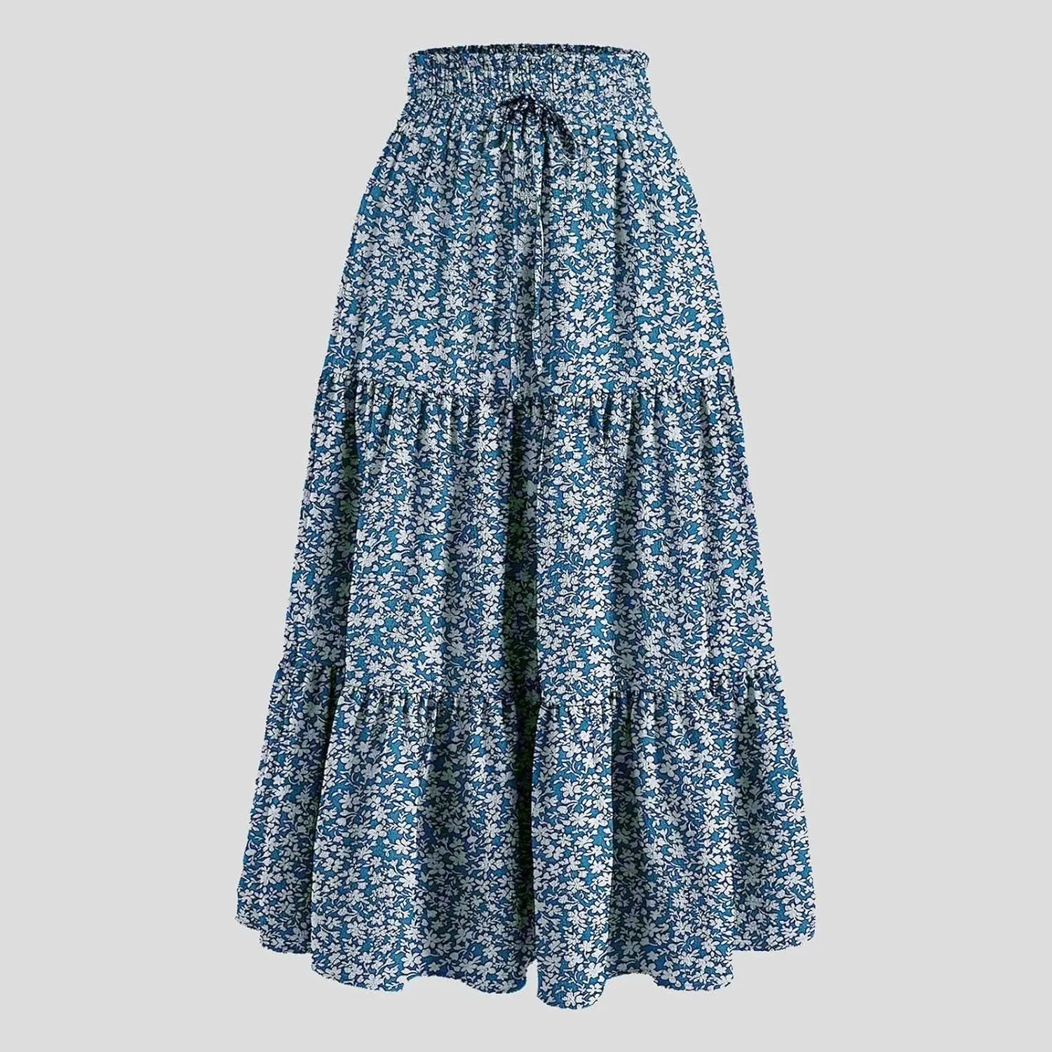 Women's Vintage Floral Print A Line Skirt Elastic High Waist Pleated Long Skirts