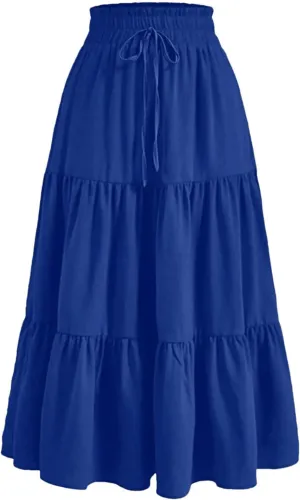 Women's Vintage Floral Print A Line Skirt Elastic High Waist Pleated Long Skirts