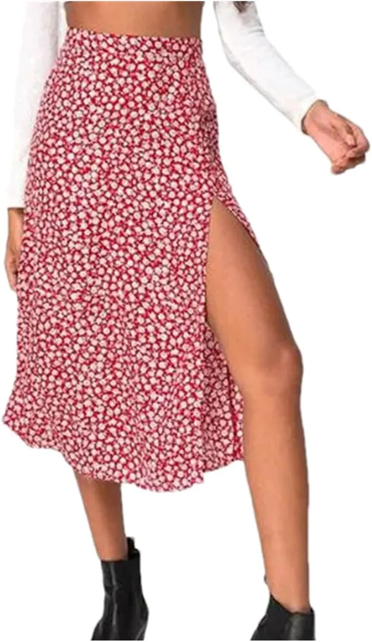 Women's Vintage Flower Print Beach Maxi Skirt Summer High Waist Stretch A-Line Skirt