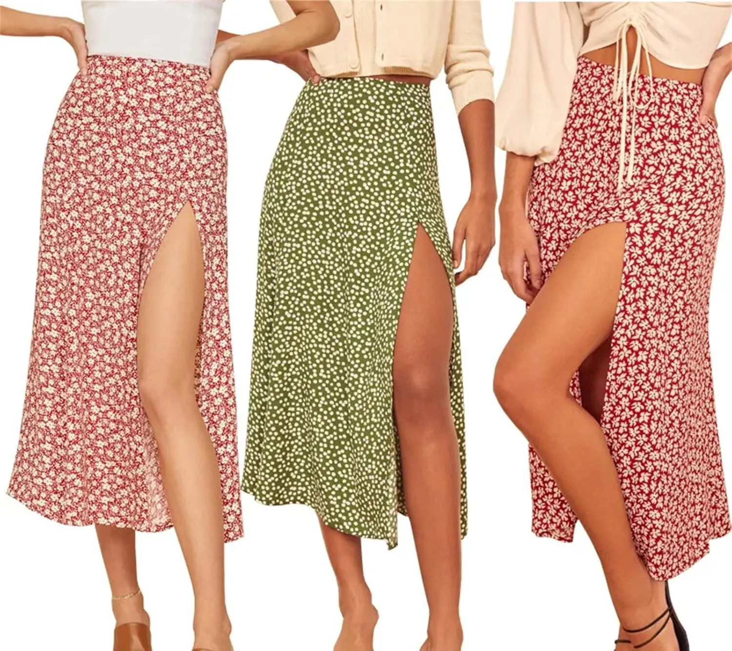 Women's Vintage Flower Print Beach Maxi Skirt Summer High Waist Stretch A-Line Skirt