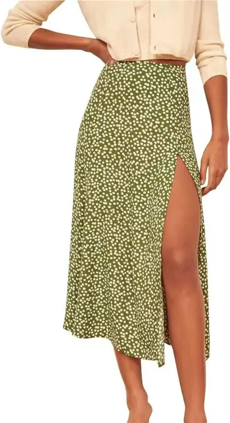 Women's Vintage Flower Print Beach Maxi Skirt Summer High Waist Stretch A-Line Skirt