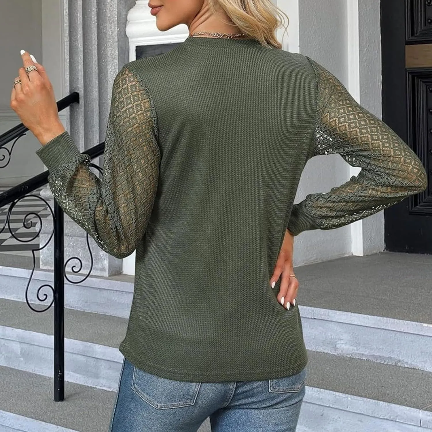 Women's Waffle Knit Business Tops Dressy Casual Knit Solid Blouses Lace Work Shirts Fall Clothes