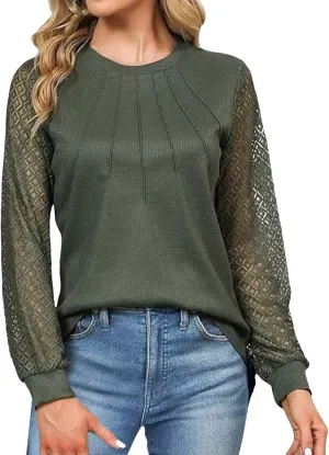 Women's Waffle Knit Business Tops Dressy Casual Knit Solid Blouses Lace Work Shirts Fall Clothes